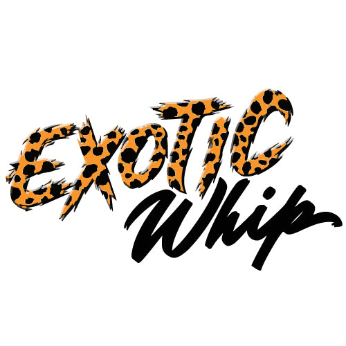 Das Exotic Whip Logo ist teils getigert und teils schwarz auf weißem Hintergrund. 