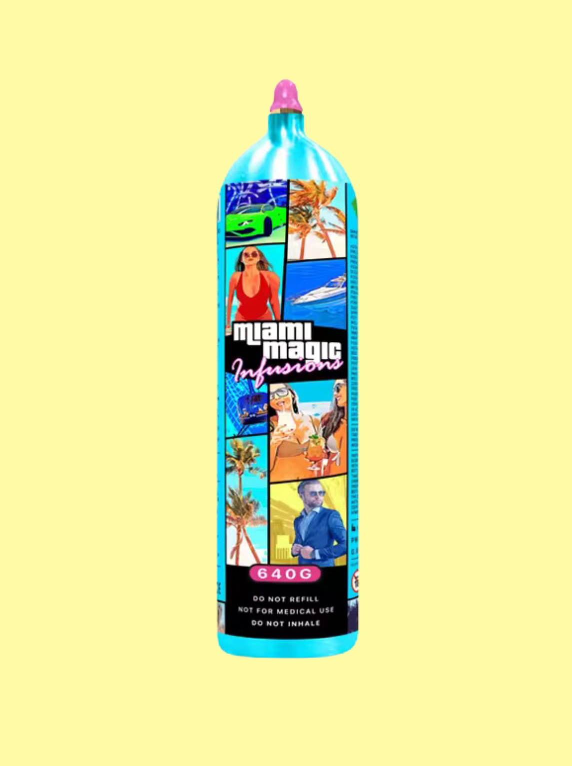 Die Gasflasche ist im GTA 5-Style designed, mit dem weißen Logo "Miami Magic" 640g. Der Hintergrund ist hellgelb.