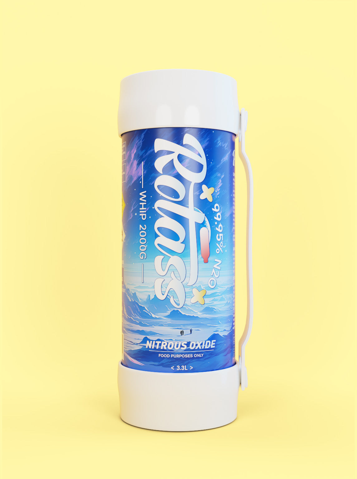 Frontalansicht: Die Gasflasche ist im Antarktis-Style designed, mit dem weißen Logo "Rotass" 2kg.  Unter- und Oberteil der Flasche sind weiß und mit einem Gummiband befestige, sodass eine Tragmöglichkeit gewährleistet ist. Der Hintergrund ist hellgelb.