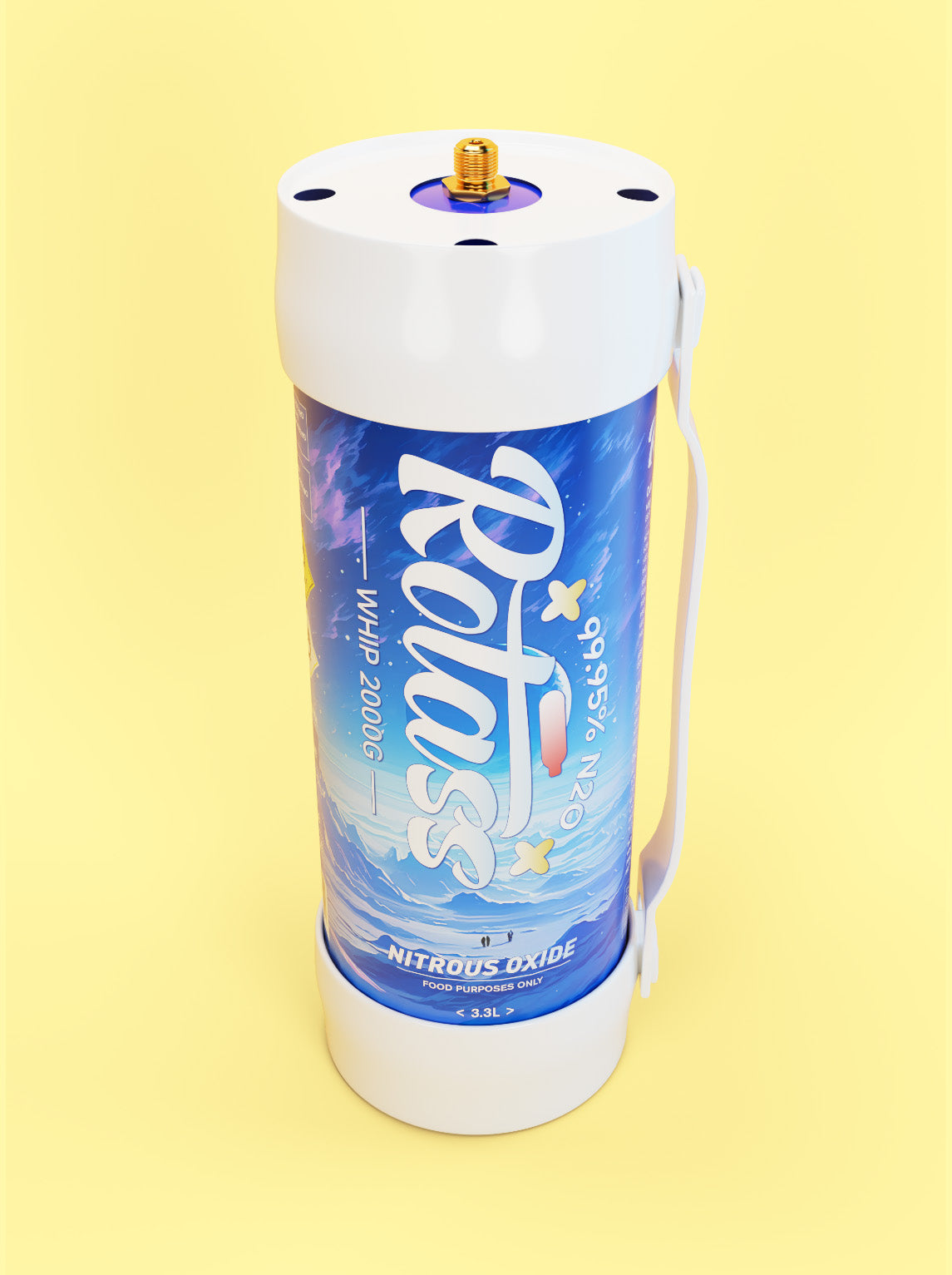 Ansicht von oben: Die Gasflasche ist im Antarktis-Style designed, mit dem weißen Logo "Rotass".  Unter- und Oberteil der Flasche sind weiß und mit einem Gummiband befestige, sodass eine Tragmöglichkeit gewährleistet ist. Der Hintergrund ist hellgelb.