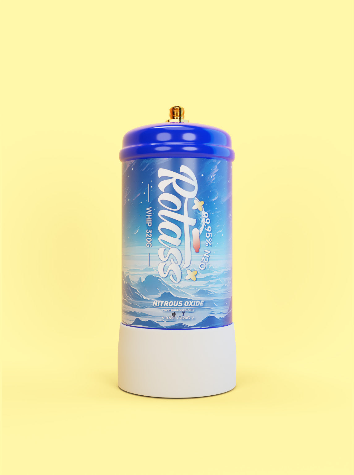 Frontalansicht: Die Gasflasche ist im Antarktis-Style designed, mit dem weißen Logo "Rotass" 320g. Der Hintergrund ist hellgelb.