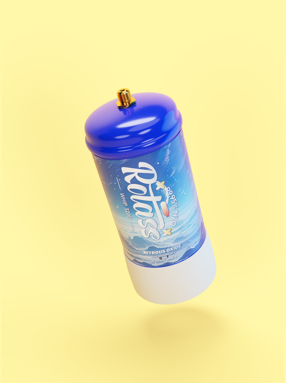 Gekippte Ansicht: Die Gasflasche ist im Antarktis-Style designed, mit dem weißen Logo "Rotass" 320g. Der Hintergrund ist hellgelb.