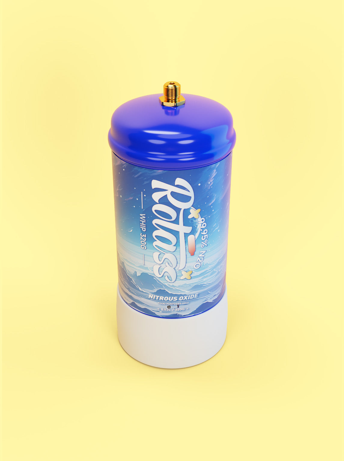 Frontalansicht von oben: Die Gasflasche ist im Antarktis-Style designed, mit dem weißen Logo "Rotass" 320g. Der Hintergrund ist hellgelb.