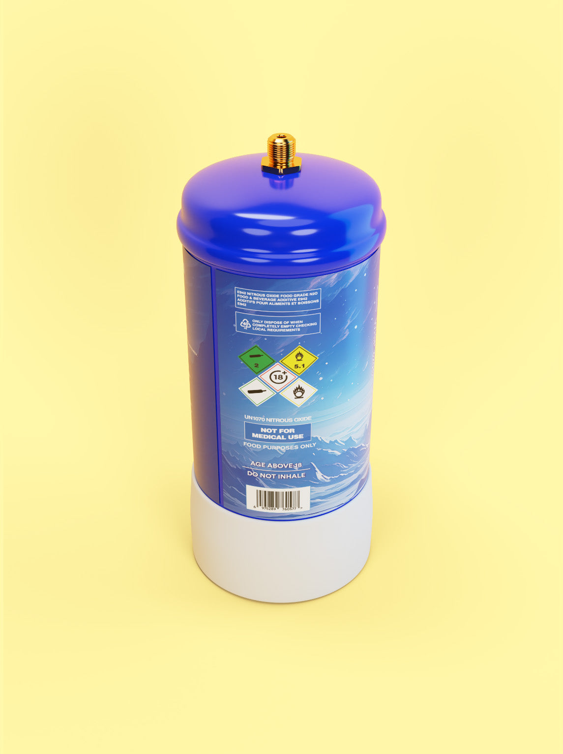 Rückansicht von oben: Die Gasflasche ist im Antarktis-Style designed, mit dem weißen Logo "Rotass" 320g. Der Hintergrund ist hellgelb.
