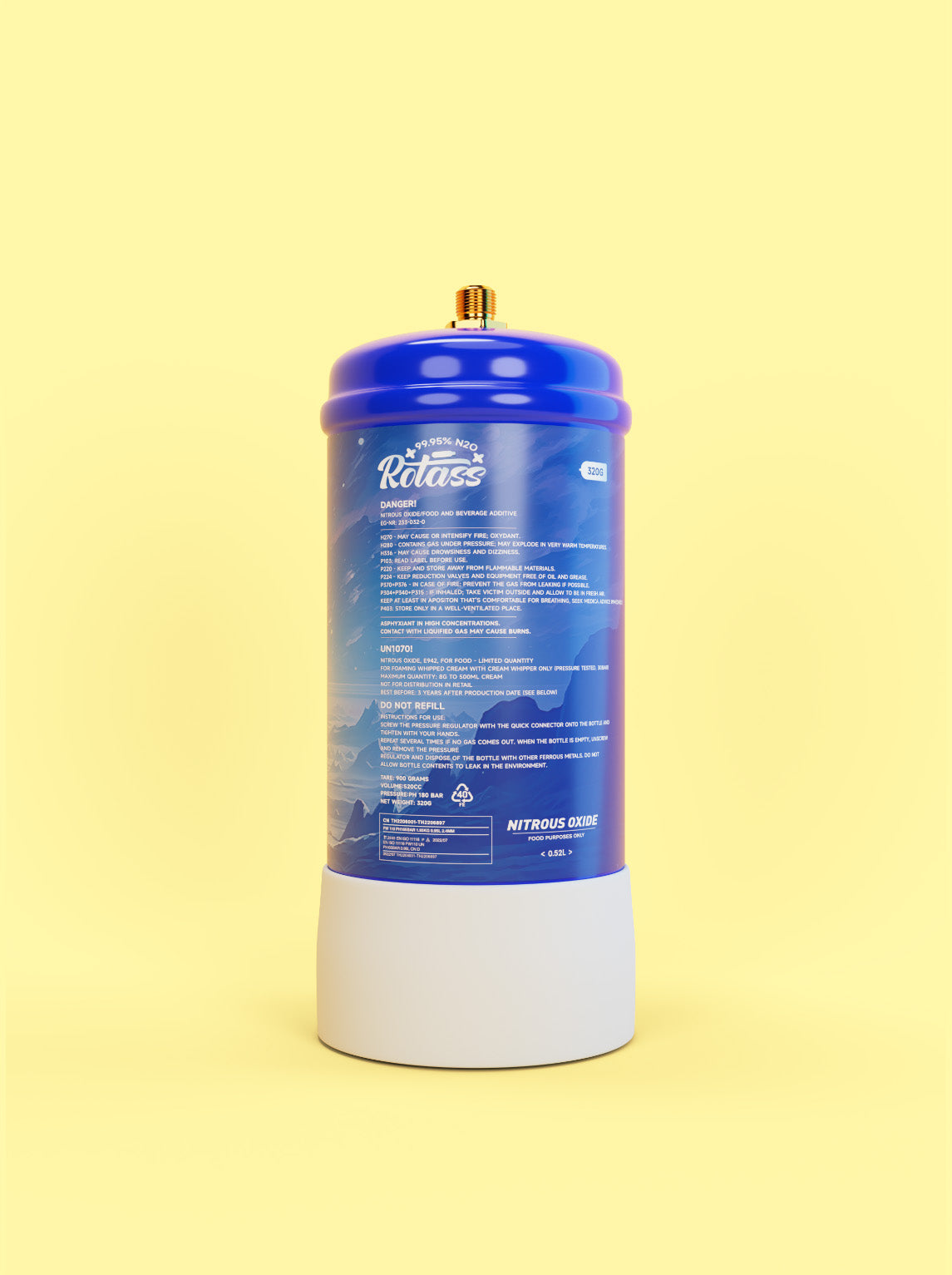 Rückansicht: Die Gasflasche ist im Antarktis-Style designed, mit dem weißen Logo "Rotass" 320g. Der Hintergrund ist hellgelb.