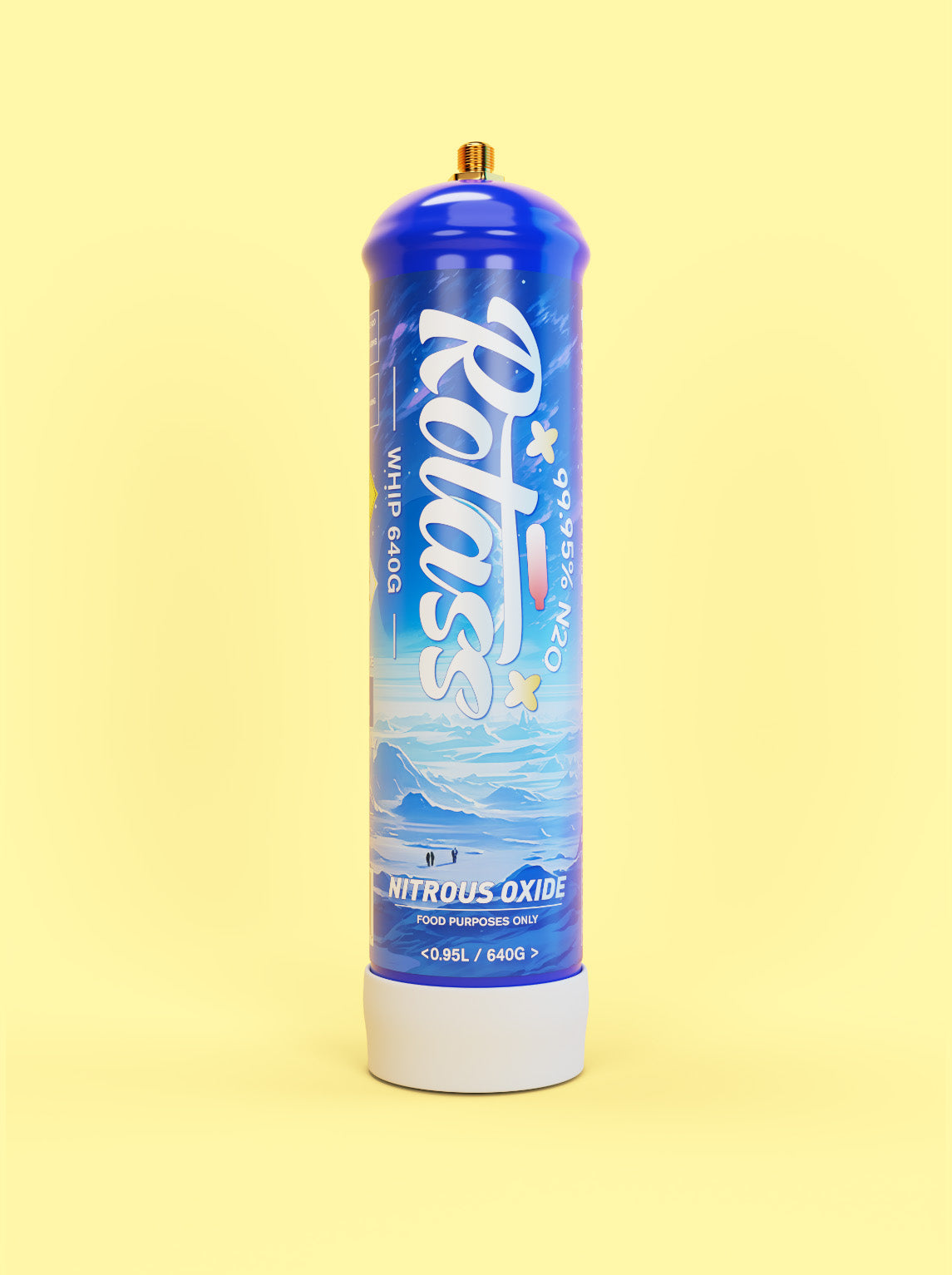 Frontalansicht: Die Gasflasche ist im Antarktis-Style designed, mit dem weißen Logo "Rotass" 640g. Der Hintergrund ist hellgelb.