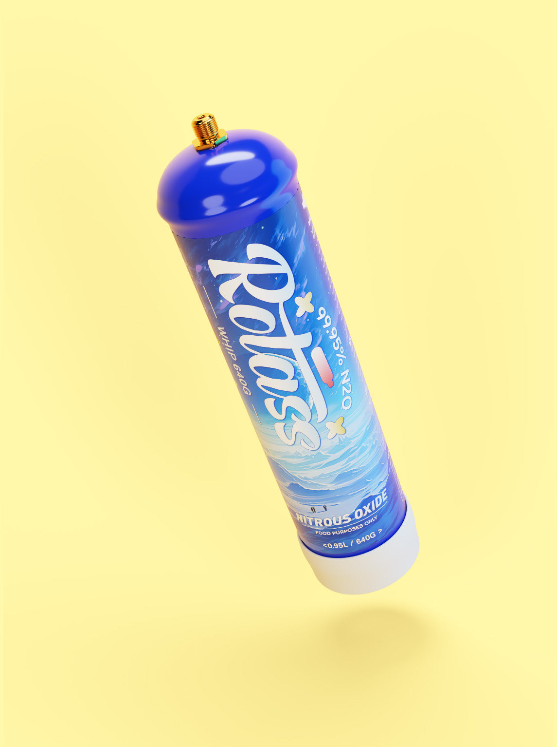 Gekippte Ansicht: Die Gasflasche ist im Antarktis-Style designed, mit dem weißen Logo "Rotass" 640g. Der Hintergrund ist hellgelb.