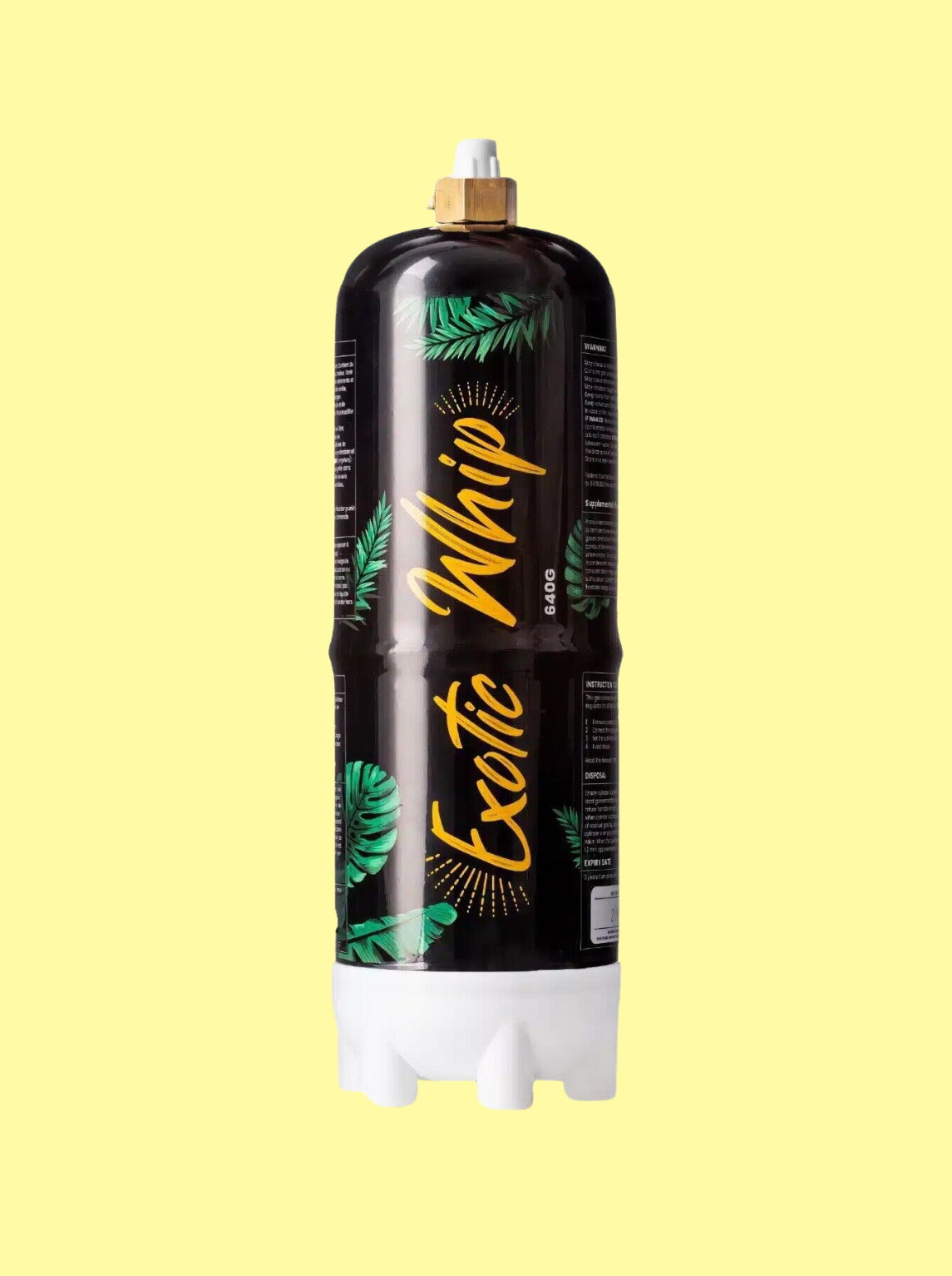 Die Gasflasche ist schwarz, mit dem gelben Logo "Exotic Whip" 670g. Auf der Flasche sind grüne Blätter und einem weißen Unterteil. Der Hintergrund ist hellgelb.