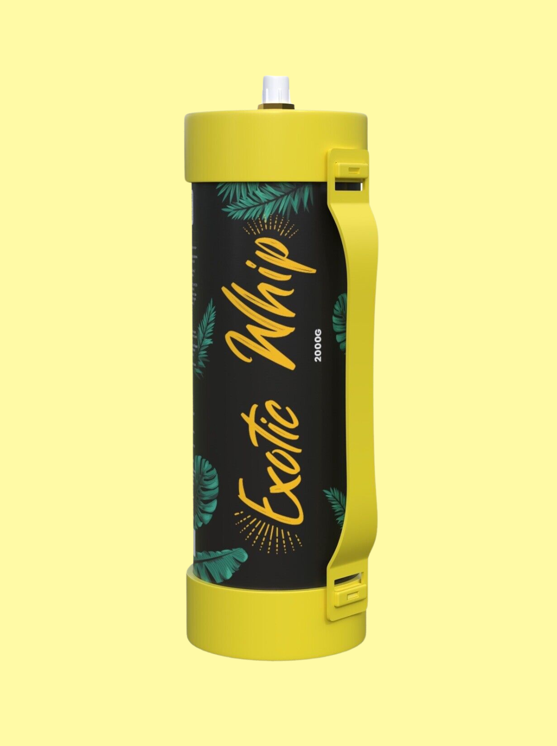 Die Gasflasche ist schwarz, mit dem gelben Logo "Exotic Whip" 2kg. Auf der Flasche sind grüne Blätter und ein gelbes Gummiband, dass oben und unten an der Flasche befestigt ist, welches zum Halten der Flasche dient. Der Hintergrund ist hellgelb.