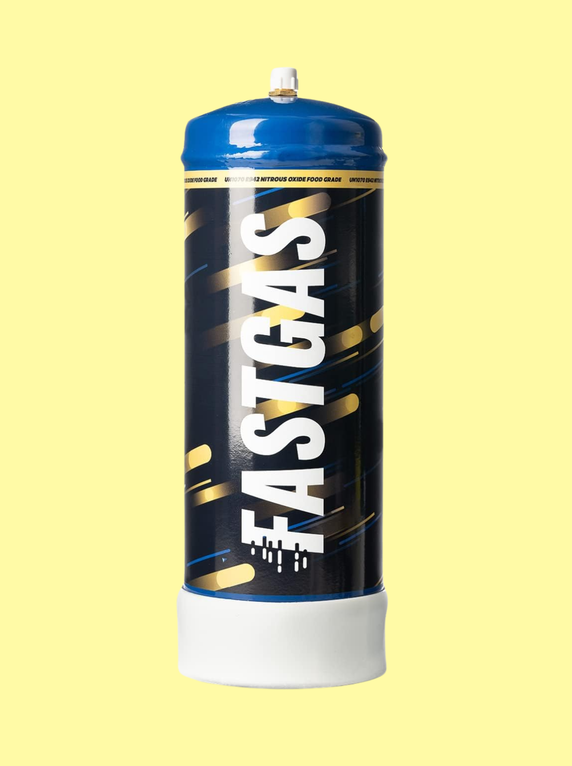 Die Gasflasche ist schwarz mit dem weißen Logo "Fastgas" 1,2kg. Der Oberteil ist blau, der Unterteil weiß und die Flasche auch blau, gelb gestreift. Der Hintergrund ist hellgelb.