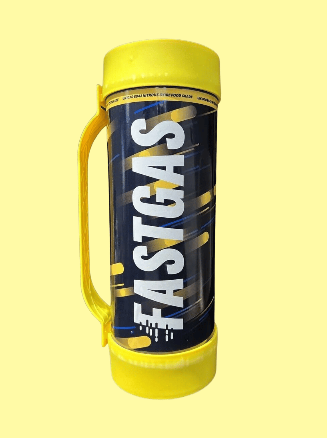  Die Gasflasche ist schwarz mit dem weißen Logo "Fastgas" 2kg. Die flasche ist blau, gelb gestreift und hat ein gelbes Gummiband, dass oben und unten an der Flasche befestigt ist, welches zum Halten der Flasche dient. Der Hintergrund ist hellgelb.