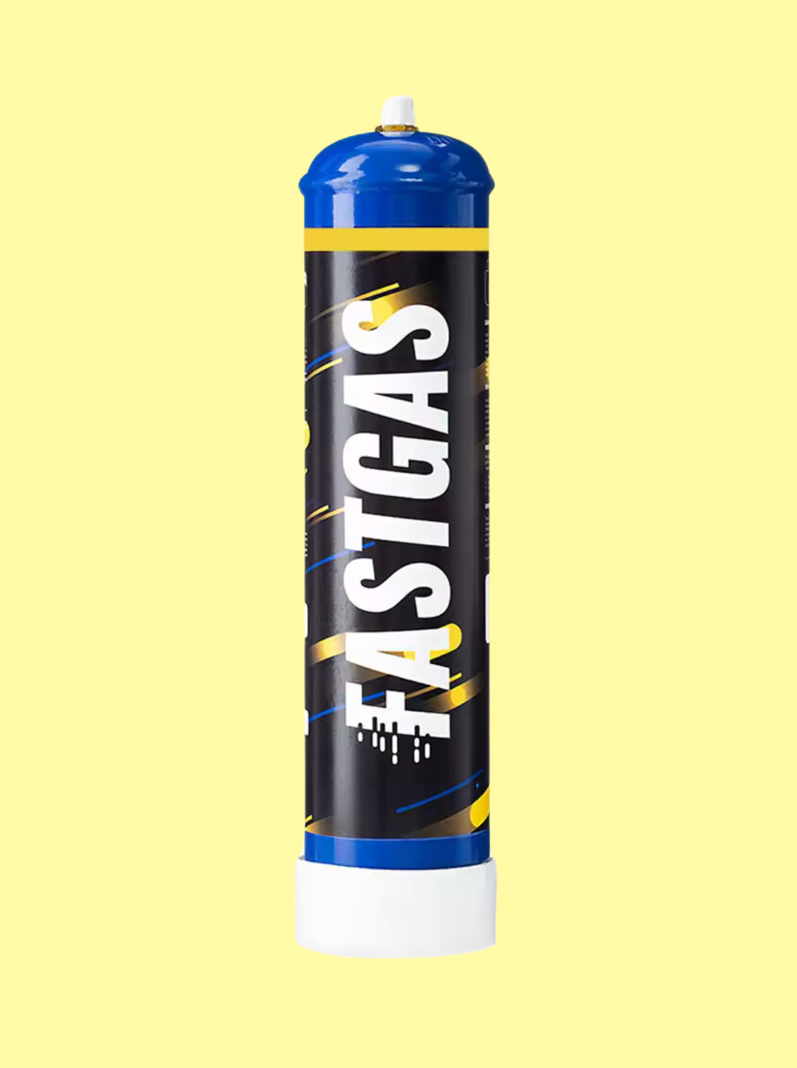 Die Gasflasche ist schwarz mit dem weißen Logo "Fastgas" 615g. Der Oberteil ist blau, der Unterteil weiß und die Flasche auch blau, gelb gestreift. Der Hintergrund ist hellgelb.