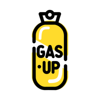 Das GasUp Logo, ist eine gezeichnete Gasflasche die gelb ist und wo drauf steht "GasUp". 