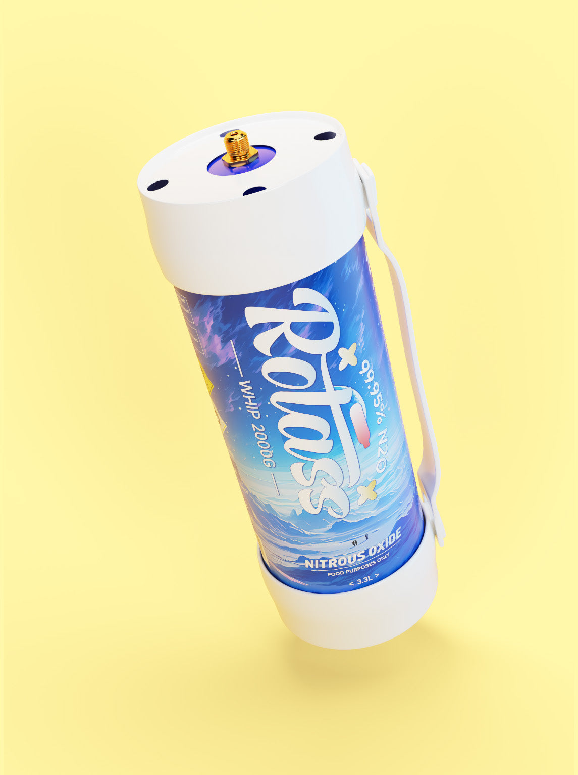  Gekippte Ansicht: Die Gasflasche ist im Antarktis-Style designed, mit dem weißen Logo "Rotass".  Unter- und Oberteil der Flasche sind weiß und mit einem Gummiband befestige, sodass eine Tragmöglichkeit gewährleistet ist. Der Hintergrund ist hellgelb.